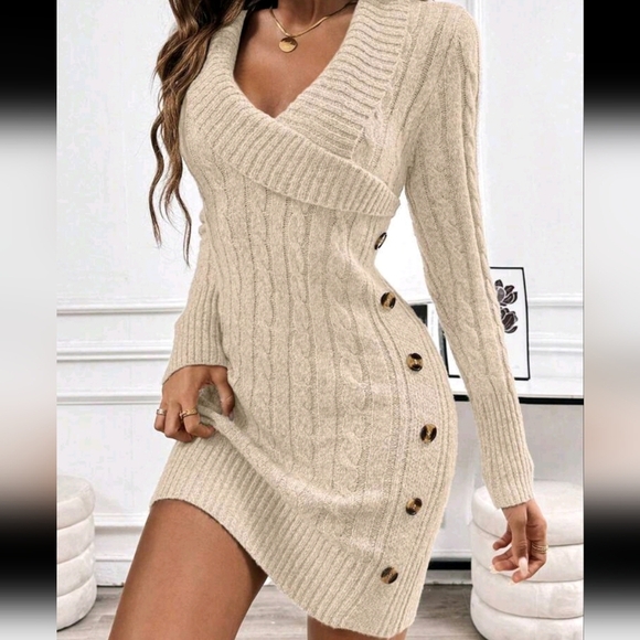 Dresses & Skirts - Collared Knitted Long Sleeve Comfy Sweater Dress